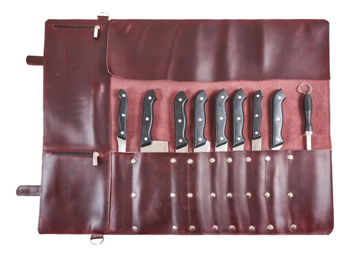 Estuche Porta Cuchillos Rollo De Piel Genuina Chef Parrilla Color Naranja Claro
