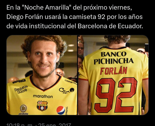Camiseta Barcelona De Ecuador 2017 Noche Amarilla #92 Forlan (Usado)