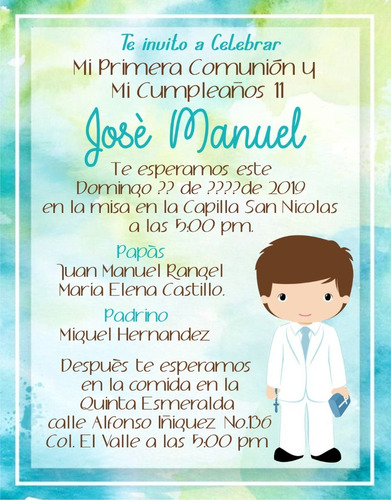 50 Invitaciones Impresas Primera Comunión Niño Acuarela