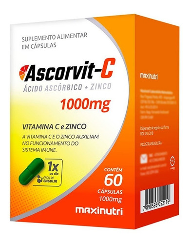 Imagem 2 de 3 de 4 Potes Vitamina C 1000mg + Zinco Ascorvit-c Com 60 Cápsulas