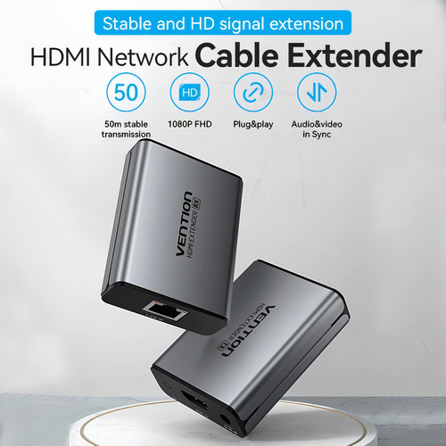 Extensor Hdmi Por Cable Red Vention - 50 Metros Activo Con Audio - Hd 1080p 60hz - Carcasa Aluminio - Con Fuente Alimentación - Adaptador Rj45 Utp - Camara Seguridad Dvr Proyector Notebook Pc - Akgh0