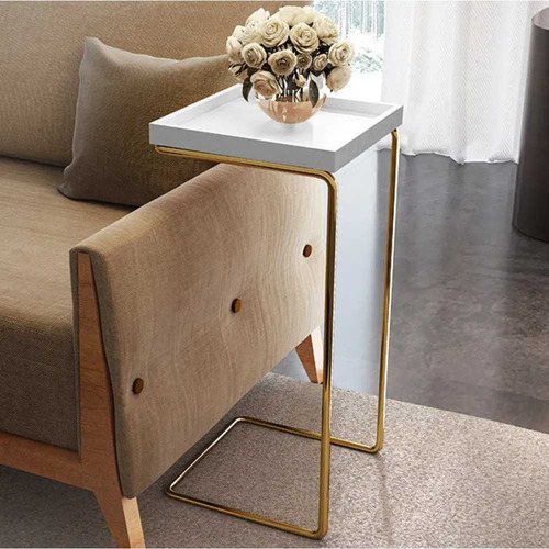 Mesa De Apoio Para Sofá Bandeja Laca Branco Base Dourada