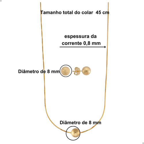 Kit Conjunto Colar E Brinco Feminino Pingente E Brinco De Bola Craquelado Corrente Veneziana Com 45 Cm Banhado Á Ouro 18k Com Banhado Antialérgico Andreia Branco Acessórios