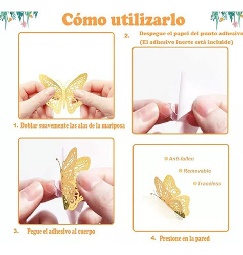 A 144pzs Mariposas Decorativas, 3d Pared Colore Metalicos
