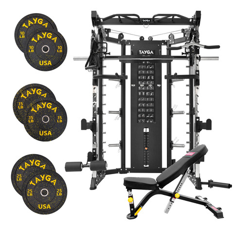 Multifuncional Smith T4 Con Banco Y Hi Temp 10,15,25 Lb Estructura Negro Tapizado Negro