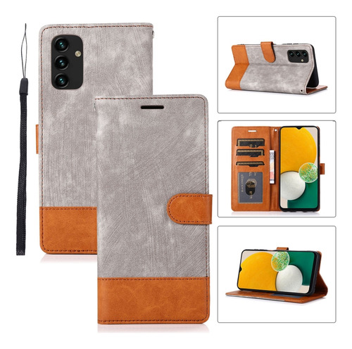 Funda De Piel Gris Empalmada Para Samsung Galaxy A13 4g