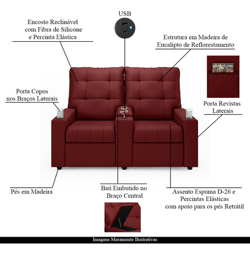 Poltrona Reclinável 2 Lugares Baú Usb Haifa Veludo Vermelho