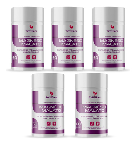 Kit 5 Magnésio Malato 60 Cápsulas De 500mg Tuttiflora