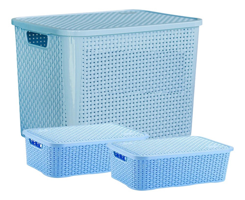 Kit 3 Caixas Organizadoras Rattan 25 E 10 Litros Com Tampa Cor Azul