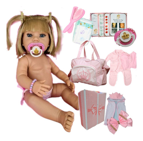 Boneca Tipo Reborn Bebê Realista+ Kit Acessórios 14 Itens