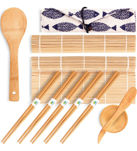 Kit Sushi Bambú Makisu Con 2 Alfombrillas 5 Palillos Mmg