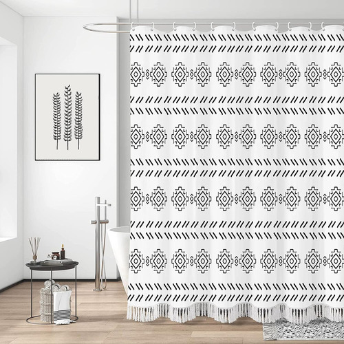 Cortina De Ducha En Blanco Y Negro Con Borlas, Estampado Geo