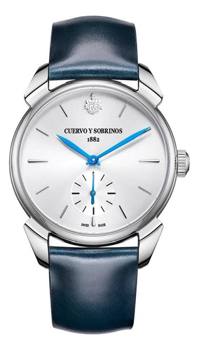 Reloj Cuervo Y Sobrinos Hist. Pequeños Segundos 3102.1asa Correa Azul Bisel Plateado Fondo Blanco