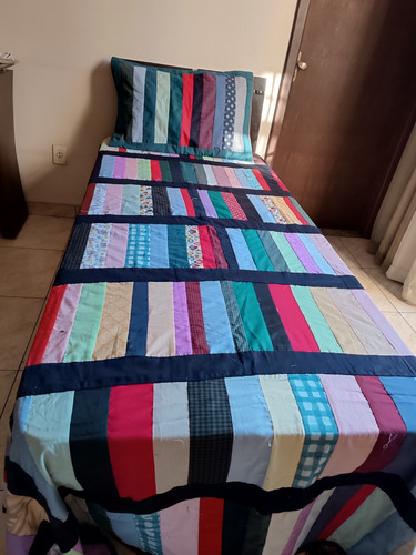 Colcha De Retalhos Artesanal + Capas P Almofada Solteiro Vermelho Listras