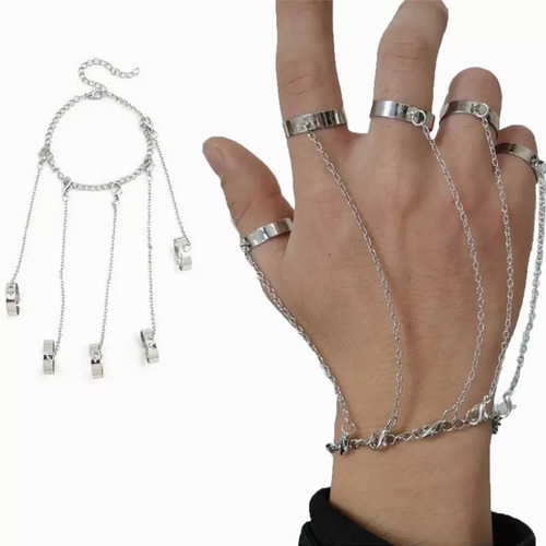 Pulsera Gótica Punk Rock Con Cadenas Y Anillos