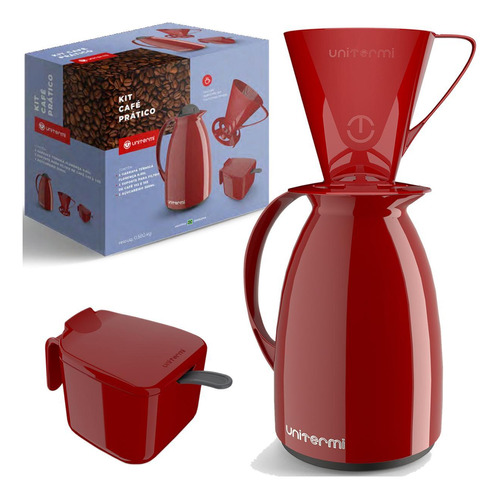 Conjunto Garrafa Térmica Sup Filro Café Açucareiro Vermelho