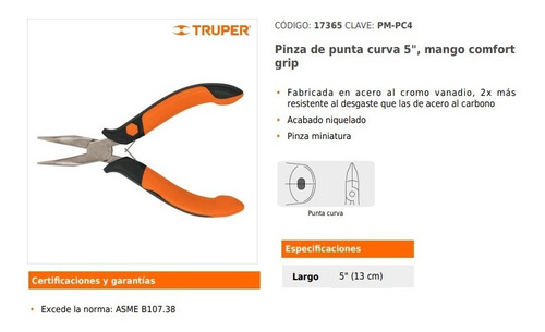 Pinza Miniatura Punta Curva 5'', 17365 Truper