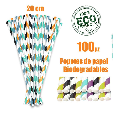Imagen 1 de 7 de 100 Popotes De Papel Biodegradables/ Económicos/ Coloridos