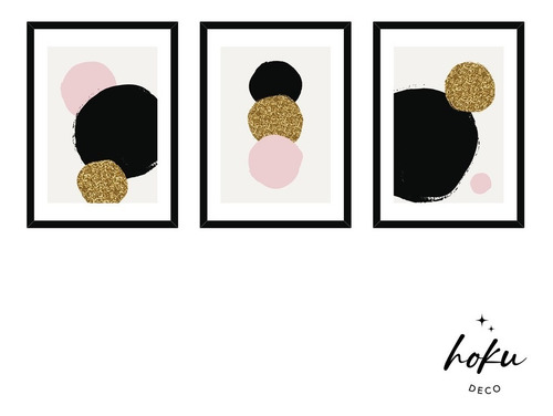 3 Cuadros Para Decorar - 30x40 Cm - Rosa Dorado Y Negro