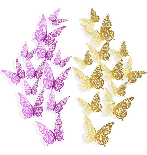 Pegatinas De Pared De Mariposa De Oro Púrpura 3d, 24 Pcs 3 T