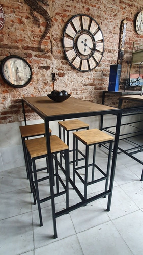 Imagen 2 de 5 de Mesa Barra Bar Hierro Madera 120x60 + 4 Taburetes Cerveza