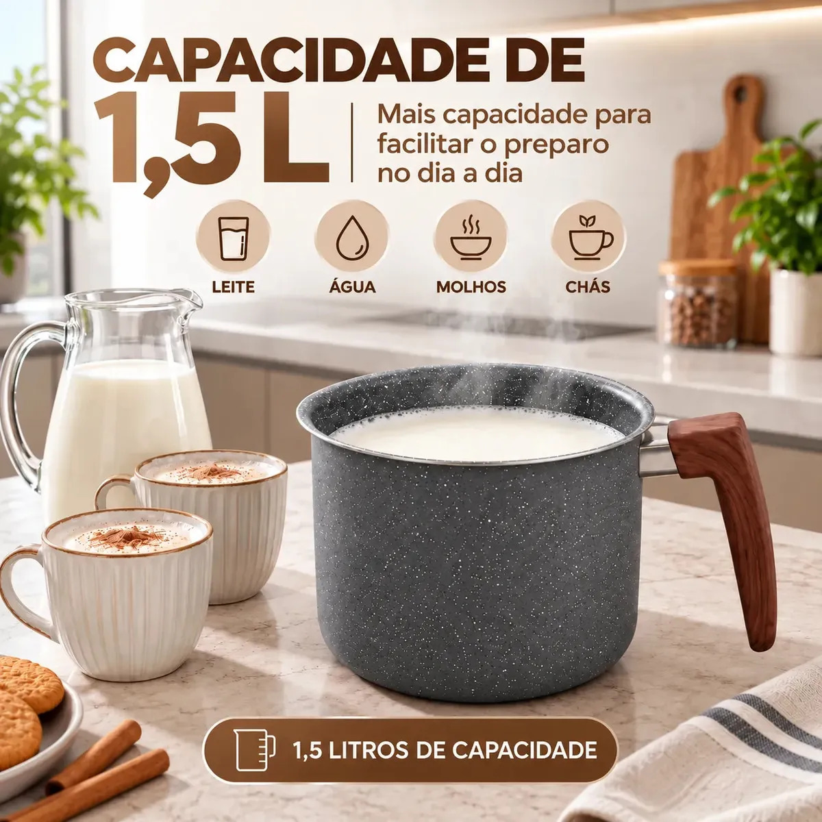 Leiteira Fervedor Antiaderente 1,5L Granito Alumínio para Indução Gás Elétrico Vitrocerâmico Cabo Amadeirado Cinza granito