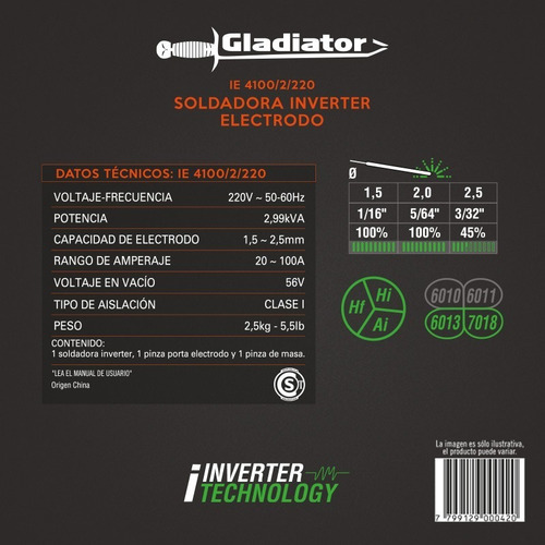 Soldadora Inverter Para Electrodo Mma 100 Amp Gladiator Color Gris