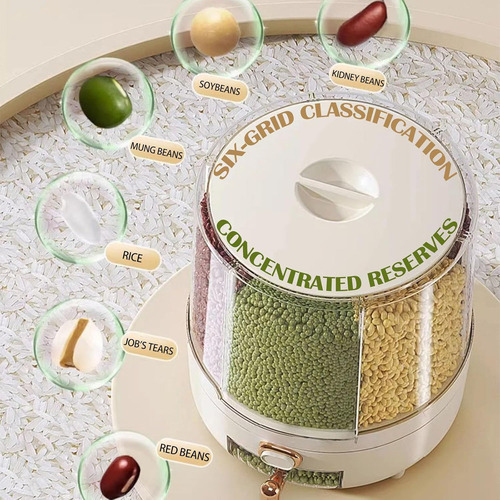 Dispensador de alimentos secos blanco de 25 libras, con 6 compartimentos y diseño giratorio de 360° para cereales, arroz, soja y maíz.