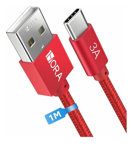 Cabo de carregamento rápido USB A tipo C 18w 3m reforçado com nylon 1m cor vermelha