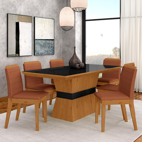 Conjunto Mesa De Jantar 6 Cadeiras Nairóbi Cin/pre/terrac-ma Cor Cinamomo/preto/suede Terracota Desenho do tecido das cadeiras Liso