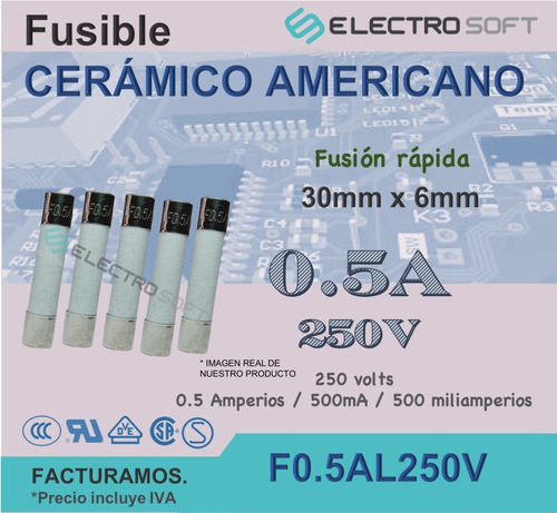 5pz Fusible Cerámico Americano 0.5a 250v | 500ma