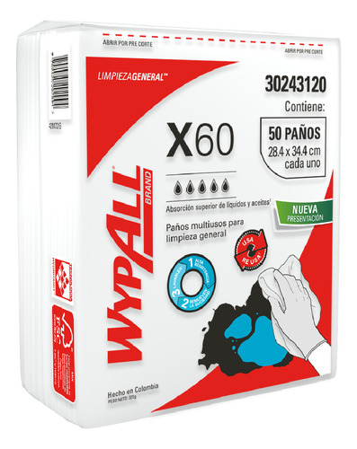 Pano Wipe Wypall P/ Limpeza Multiuso X60 (29x34) C/50 Panos