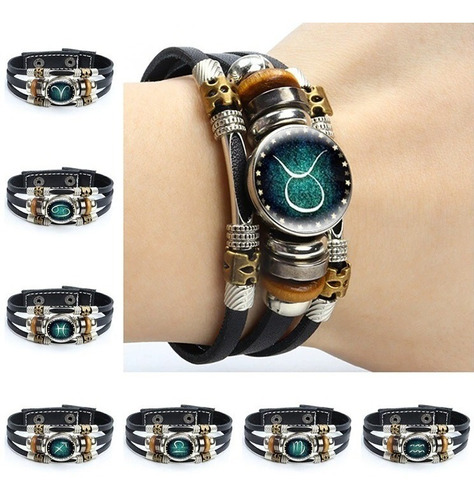 Pulsera Manilla Cuero Zodiacal Signo Zodiaco Hombre Y Mujer