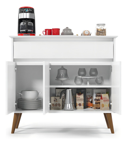 Aparador tipo buffet Zeus con 1 cajón y 3 puertas de madera maciza, color blanco