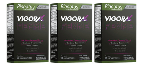 Kit 3 Suplementos Vigorax Femme Saude 60 Capsulas - Bionatus Sem Sabor