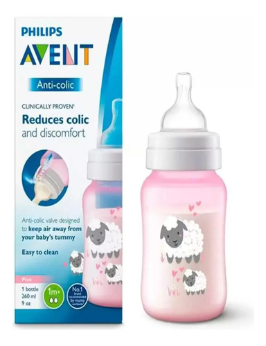 Tetero Válvula Anticólicos Rosa Borrego 9oz Avent Scy121/05