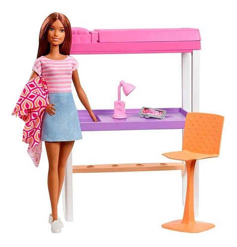 Barbie Playset Quarto E Escritório Com Barbie Morena Mattel