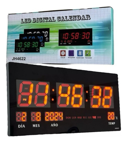 Reloj Led Digital Calendario De Pared Grande 46 X 22 Cm New Estructura Negro Fondo Negro