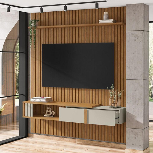 Painel para TV até 75 Polegadas Ripado com 1 Gaveta e Nicho Multimóveis CR45288 Naturalle/Off White