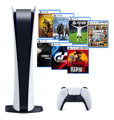 Sony Playstation 5 825 Gb Ps5 + Ea Fc Fifa 25 + God Raganarok + Gta 5 + Mkt 11 + Resident Evil 4 + Red Dead 2 + Gran Turismo 7