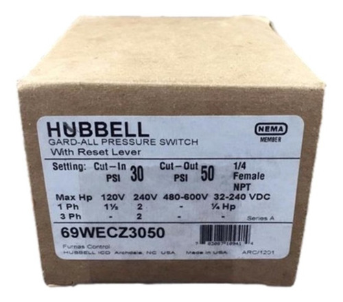 Interruptor De Presión 30/50psi 120-240v Hubbell 69wecz3050