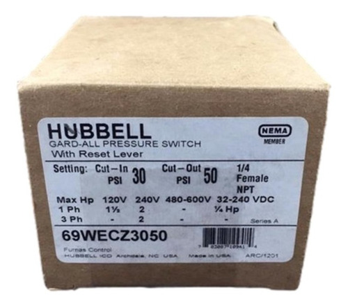 Interruptor De Presión 30/50psi 120-240v Hubbell 69wecz3050