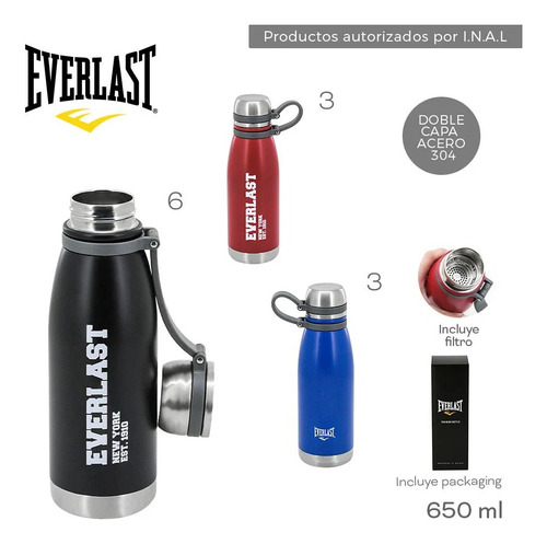 Botella Deportiva Everlast Termica 650 Ml Acero Inoxidable Negro