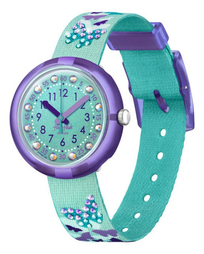 Reloj Flik Flak Sparkling Butterfly Zfpnp100 Color De La Correa Verde Color Del Bisel Púrpura Color Del Fondo Verde