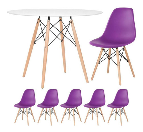 Mesa Jantar Eames Wood 100 Cm 5 Cadeiras Eiffel Coloridas Cor da tampa Mesa branco com cadeiras roxo