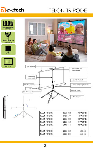Telon Con Tripode 213x213cm, Mecanismo Retractil