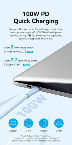 Cabo de carregamento rápido USB C 1m 5a 100w Pd Silicone Vention azul claro