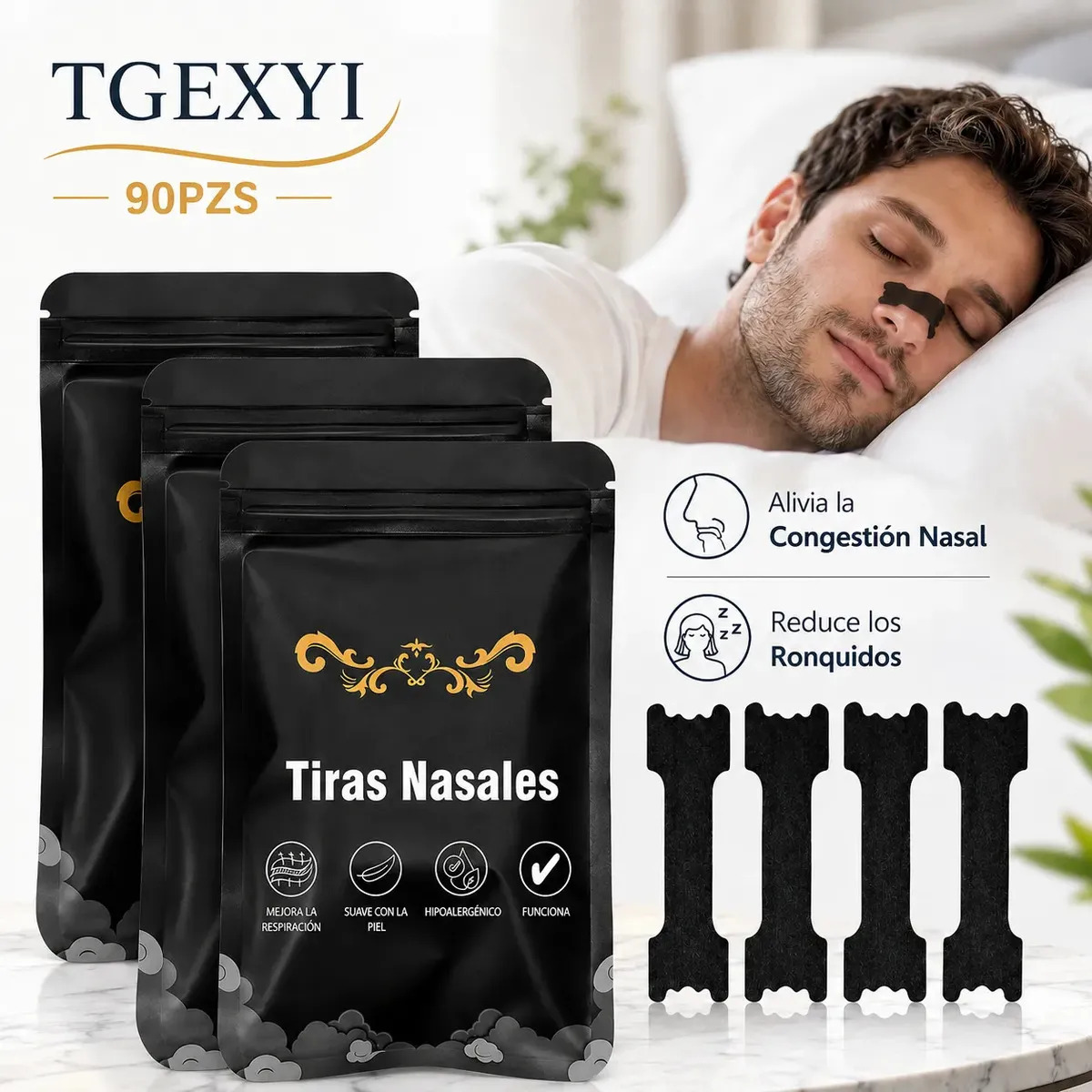 Tiras Nasales Antirronquidos TGEXYI – Pack de 90 Unidades Hipoalergénicas Para Mejorar la Respiración y el Sueño