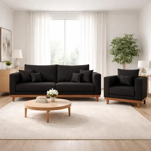 Kit 1 Poltrona Living + Sofá Reforçado Madeira Tecido Suede