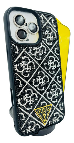 Funda Lujo Brillos + Mica Cristal Para Iphone 16 Pro Negro Lujo